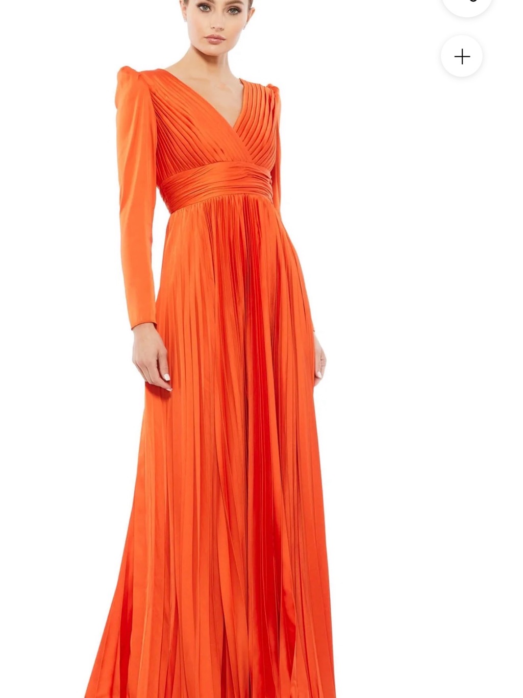 Mac Duggal Vibrant Orange Pleated V-Neck Long Sleeve Gown